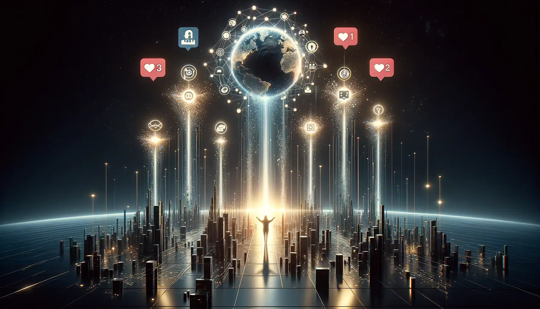 5 Tendances UGC Incontournables Pour 2024 D Couvrir   DALL·E 2024 02 03 15.07.07 A Conceptual Art Piece Depicting A Futuristic Digital Landscape Where Five Distinct Pillars Of Light Rise From A Sleek Metallic Surface Each Pillar.webp